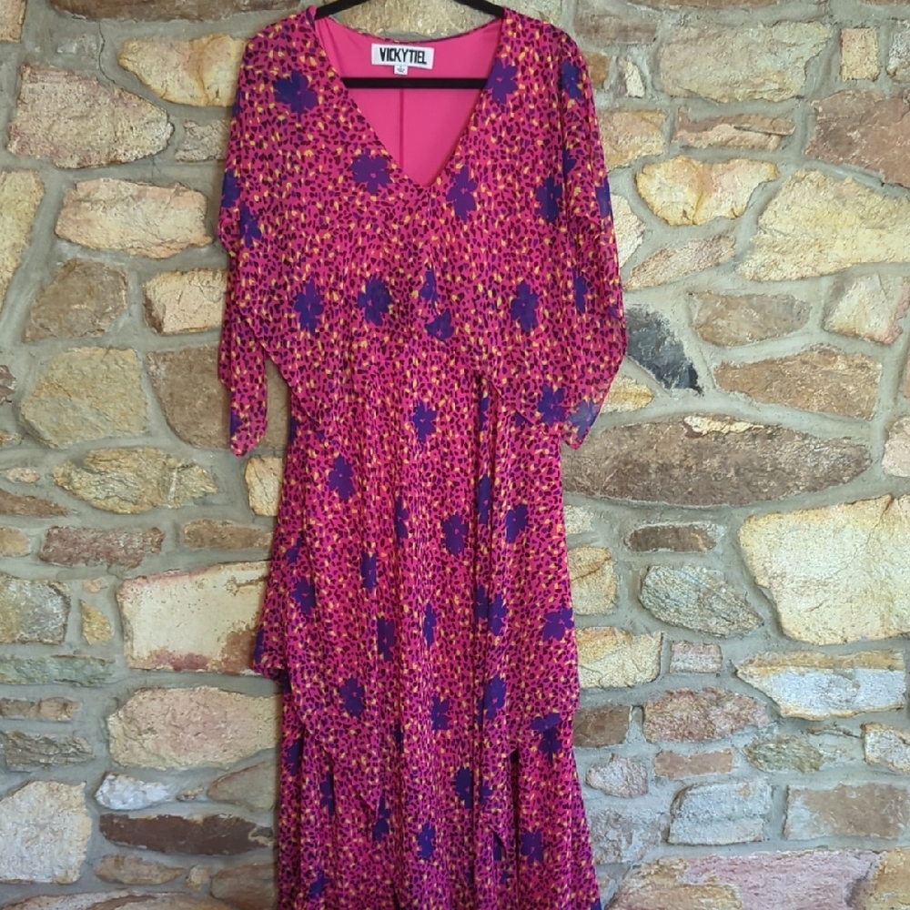 Vicky Tiel Pink Floral Layered Chiffon Dress